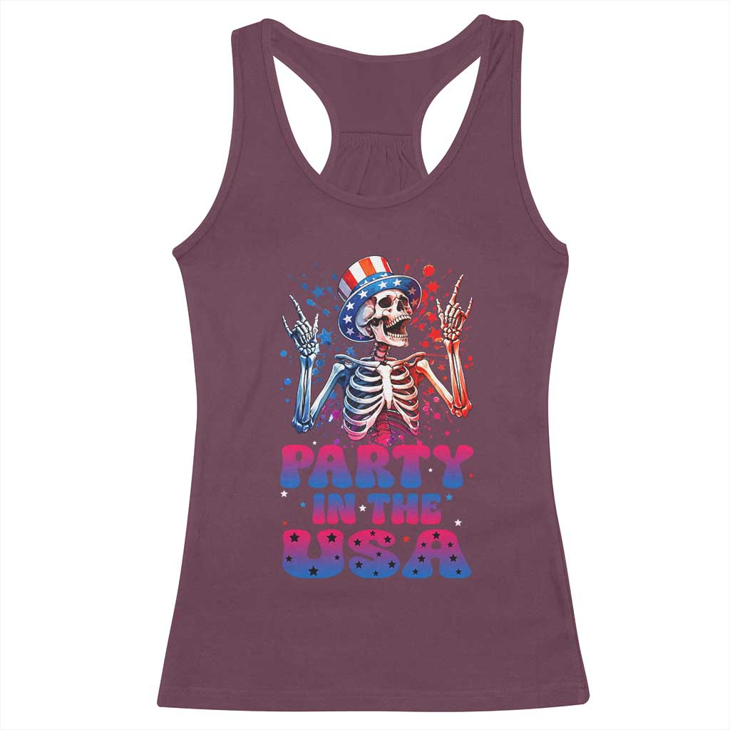 Funny Party In The USA Skeleton Rock Hand Racerback Tank Top 4th Of July Rocker Gift