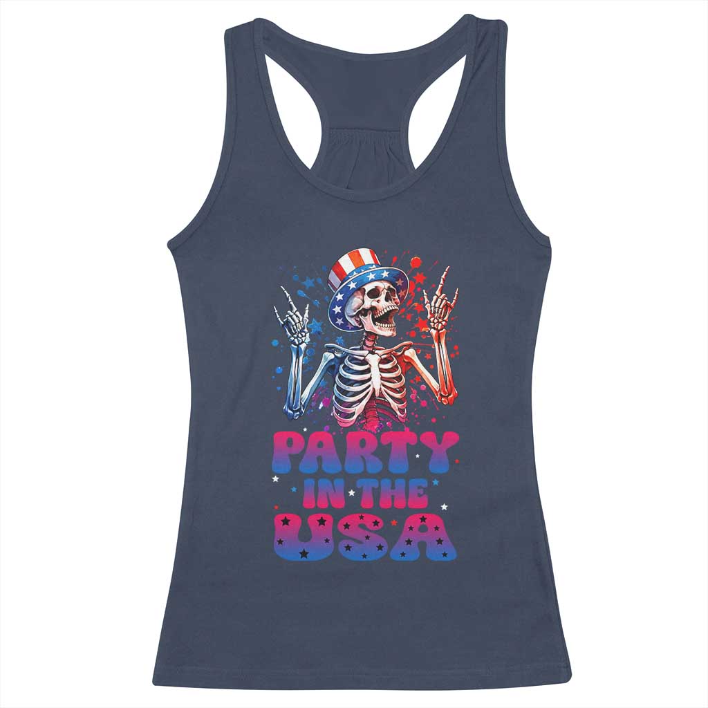 Funny Party In The USA Skeleton Rock Hand Racerback Tank Top 4th Of July Rocker Gift