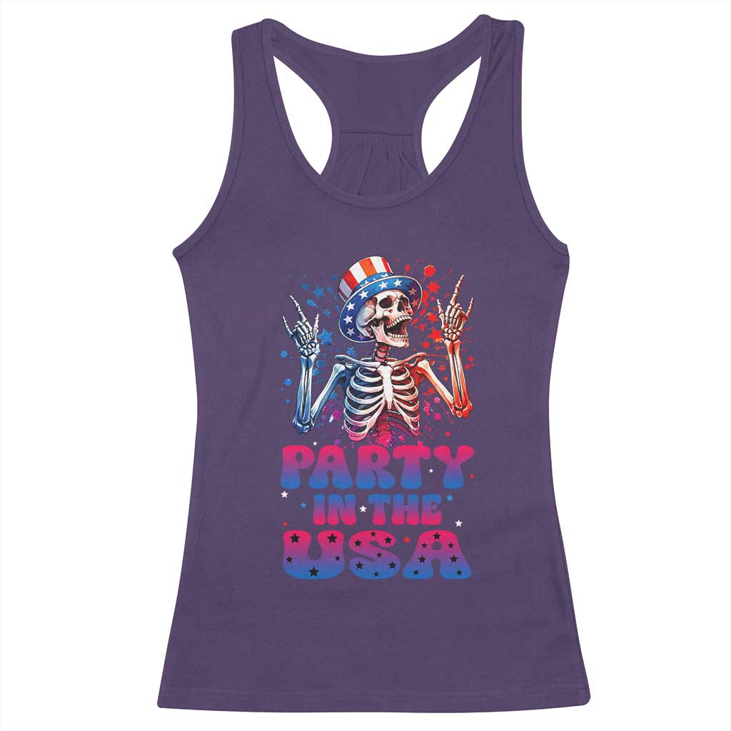 Funny Party In The USA Skeleton Rock Hand Racerback Tank Top 4th Of July Rocker Gift