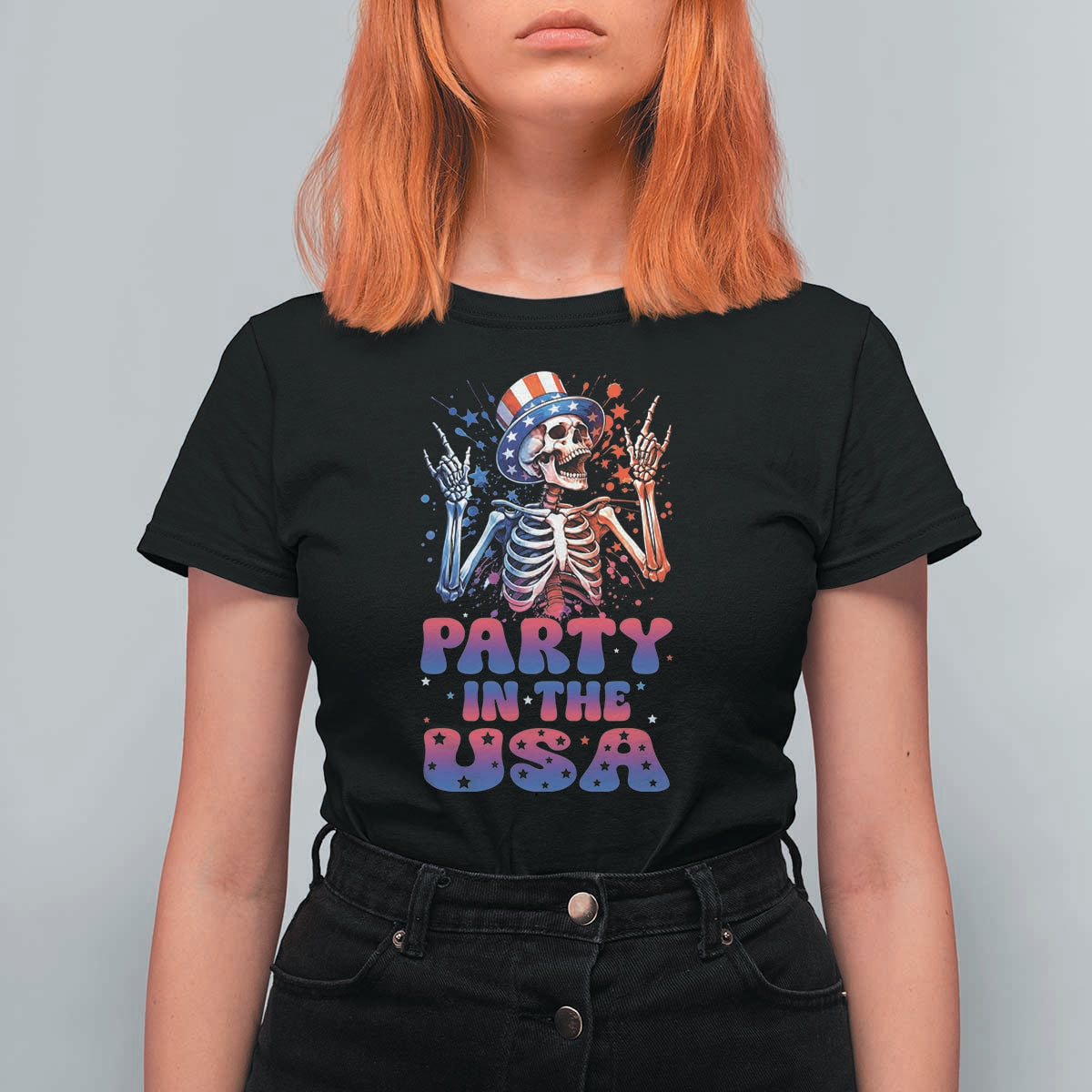 Funny Party In The USA Skeleton Rock Hand T Shirt For Women 4th Of July Rocker Gift