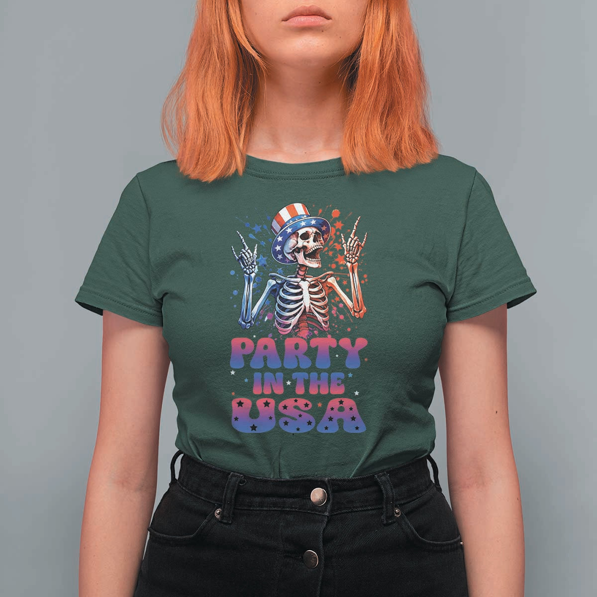 Funny Party In The USA Skeleton Rock Hand T Shirt For Women 4th Of July Rocker Gift