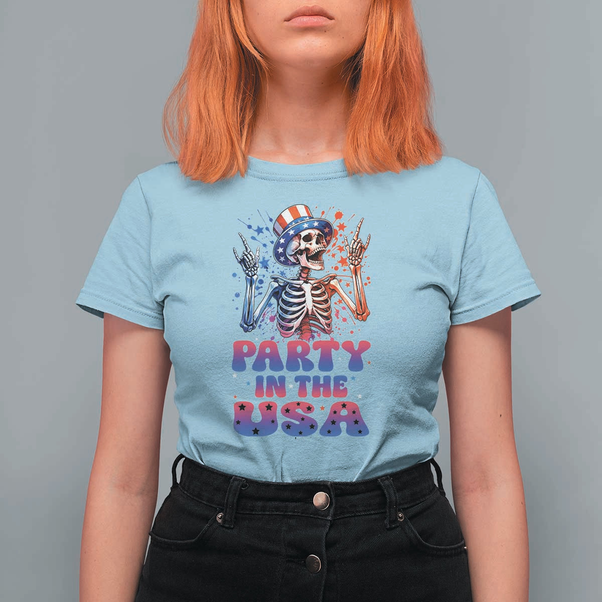 Funny Party In The USA Skeleton Rock Hand T Shirt For Women 4th Of July Rocker Gift