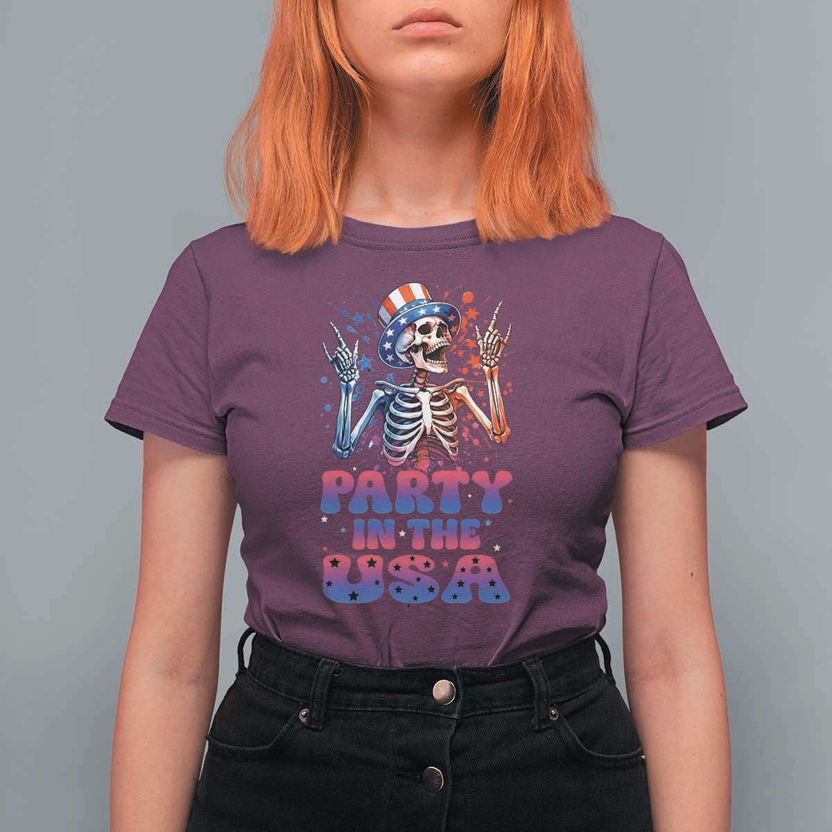 Funny Party In The USA Skeleton Rock Hand T Shirt For Women 4th Of July Rocker Gift