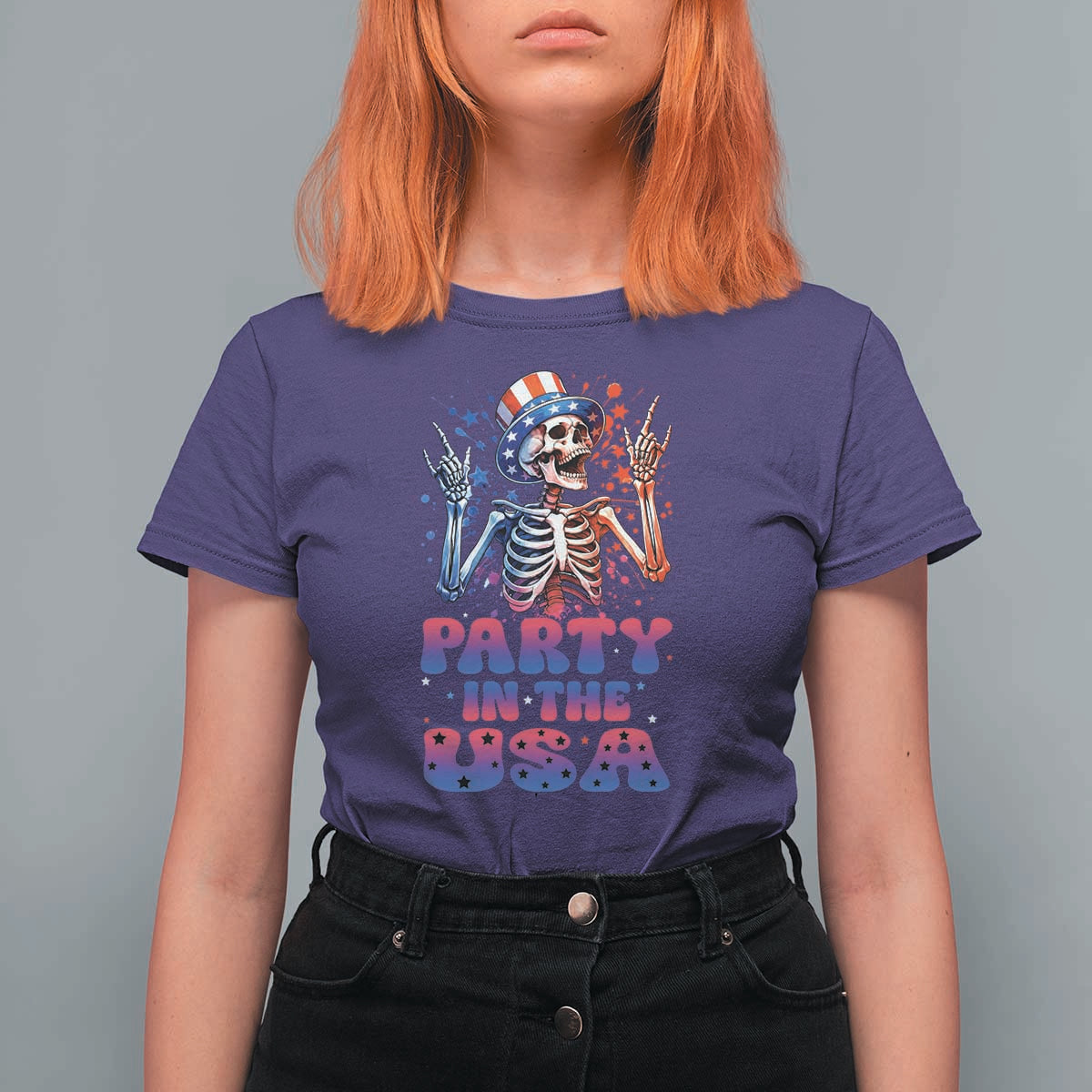 Funny Party In The USA Skeleton Rock Hand T Shirt For Women 4th Of July Rocker Gift