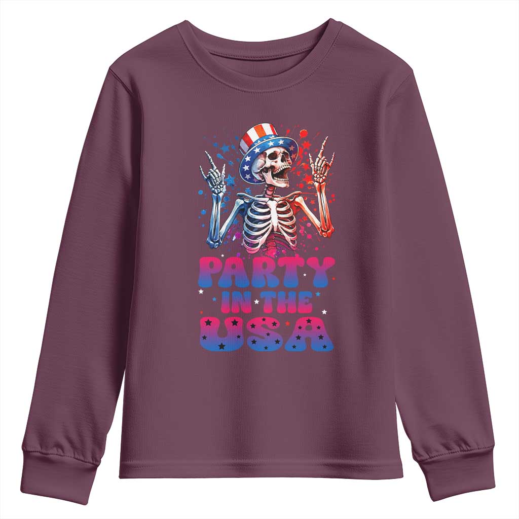 Funny Party In The USA Skeleton Rock Hand Youth Sweatshirt 4th Of July Rocker Gift