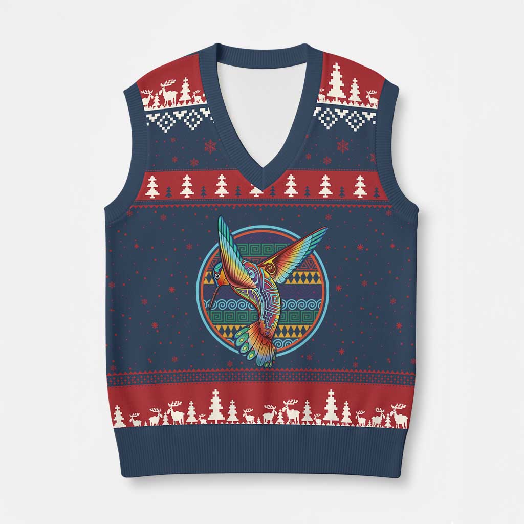 Colorful Geometric Tribal Hummingbird V-Neck Knit Sweater Vest Southwest Pattern Graphic