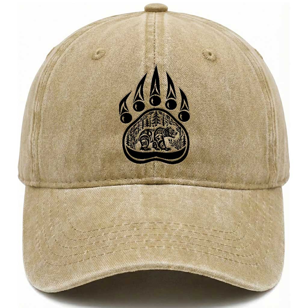 Native Inspired Alaska Grizzly Bear Washed Cotton Baseball Cap Pacific Northwest Pride