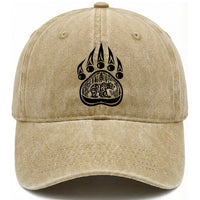 Native Inspired Alaska Grizzly Bear Washed Cotton Baseball Cap Pacific Northwest Pride