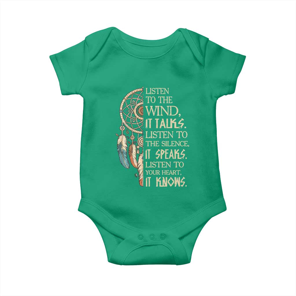 Indigenous Dreamcatcher Tribal Graphic Baby Onesie Listen To The Wind Listen To The Silence