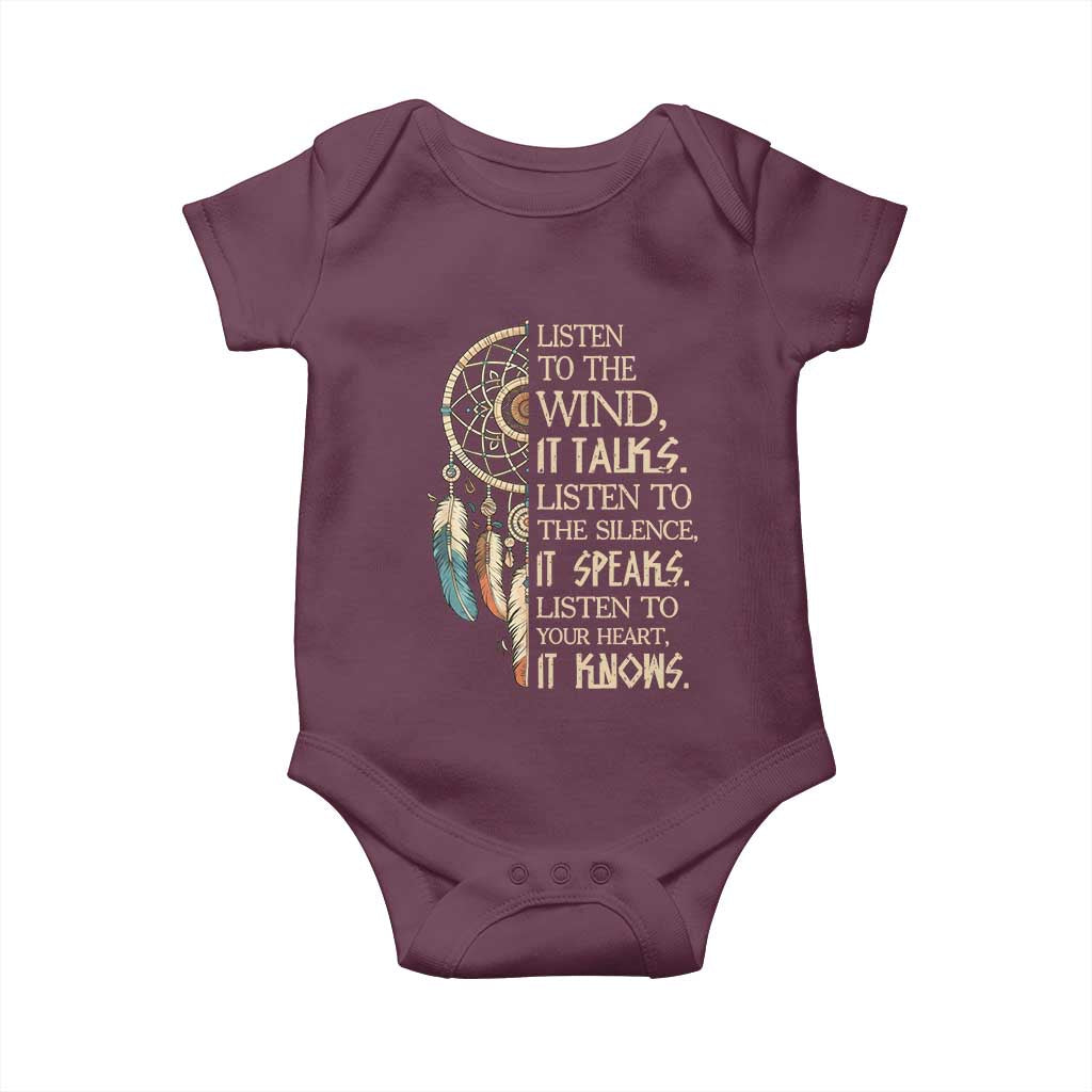 Indigenous Dreamcatcher Tribal Graphic Baby Onesie Listen To The Wind Listen To The Silence