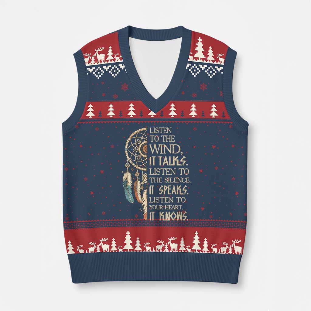 Indigenous Dreamcatcher Tribal Graphic V-Neck Knit Sweater Vest Listen To The Wind Listen To The Silence
