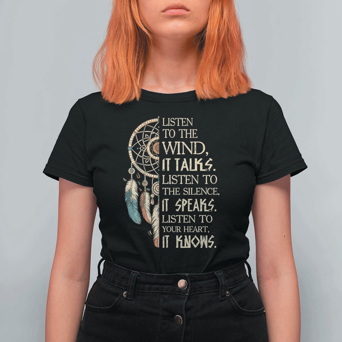 Indigenous Dreamcatcher Tribal Graphic T Shirt For Women Listen To The Wind Listen To The Silence