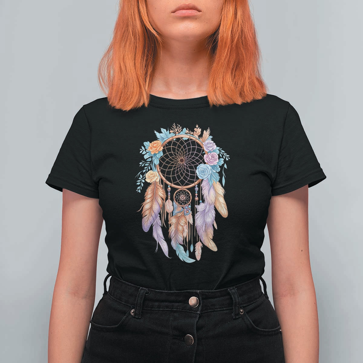 Dream Catcher Colorful Boho Floral Feather Graphic T Shirt For Women
