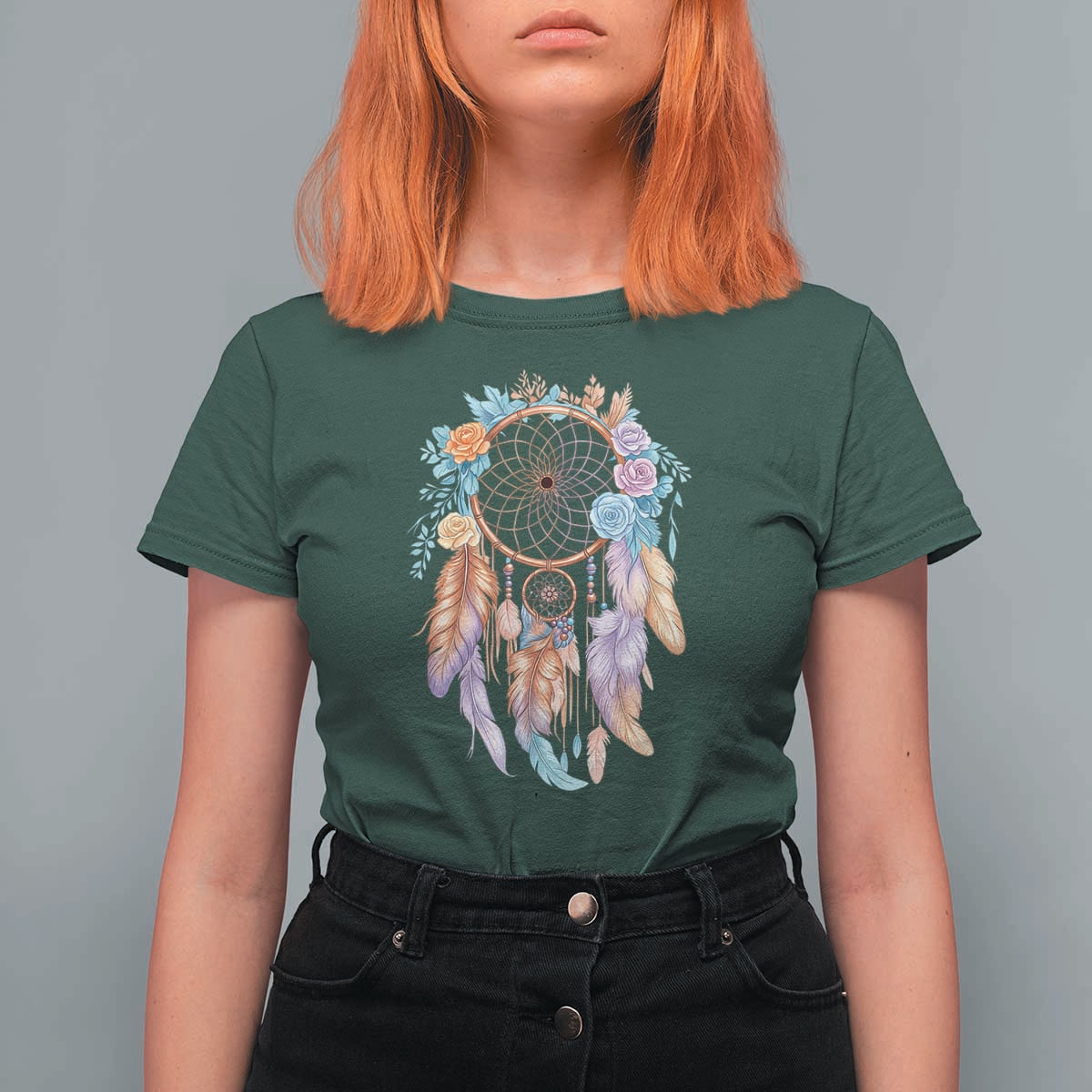 Dream Catcher Colorful Boho Floral Feather Graphic T Shirt For Women