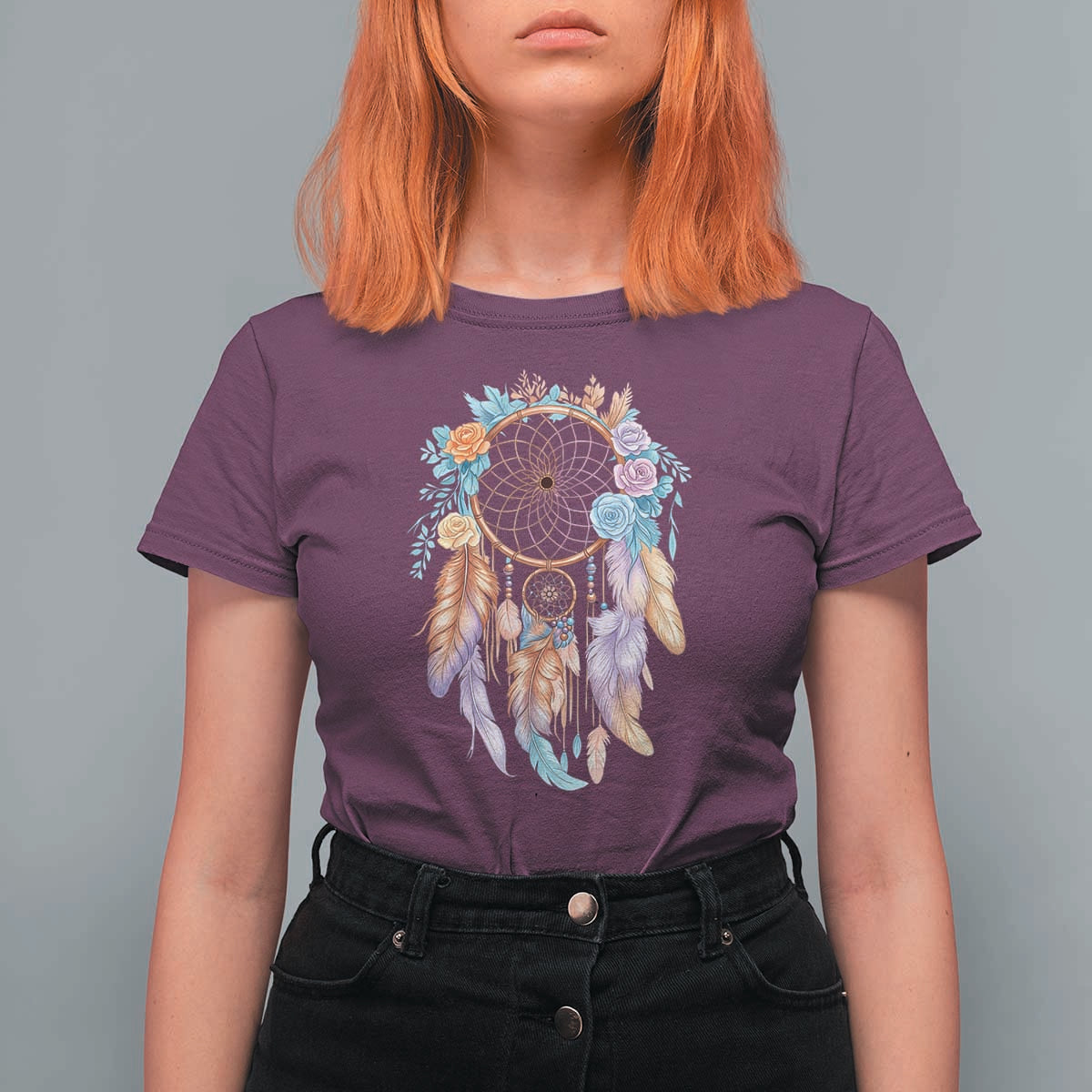 Dream Catcher Colorful Boho Floral Feather Graphic T Shirt For Women