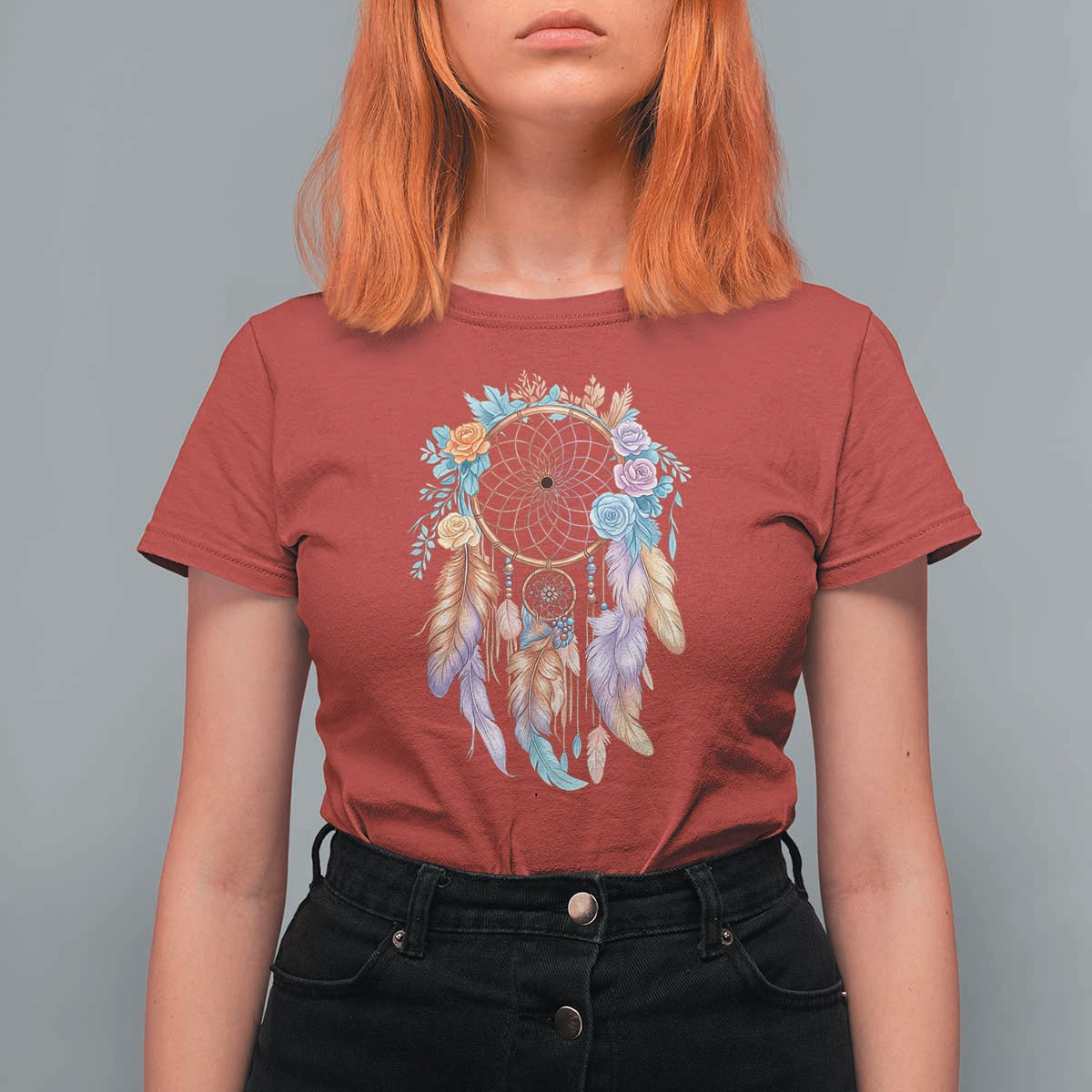 Dream Catcher Colorful Boho Floral Feather Graphic T Shirt For Women