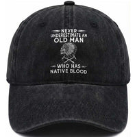 Native Warrior Skull Washed Cotton Baseball Cap Never Underestimate An Old Man Who Has Native Blood