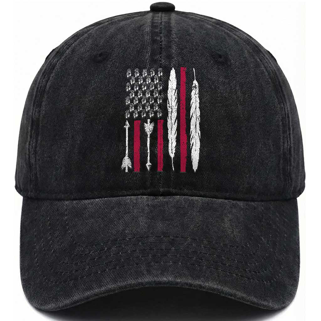 Vintage Native American Flag Washed Cotton Baseball Cap Dreamcatcher And Feather Graphic