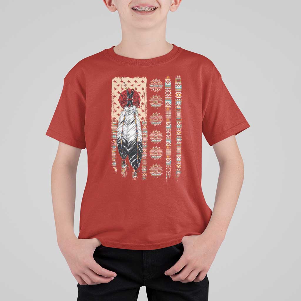 Proud Native American Flag T Shirt For Kid Tribal Sunflower Indigenous Peoples Day Gift