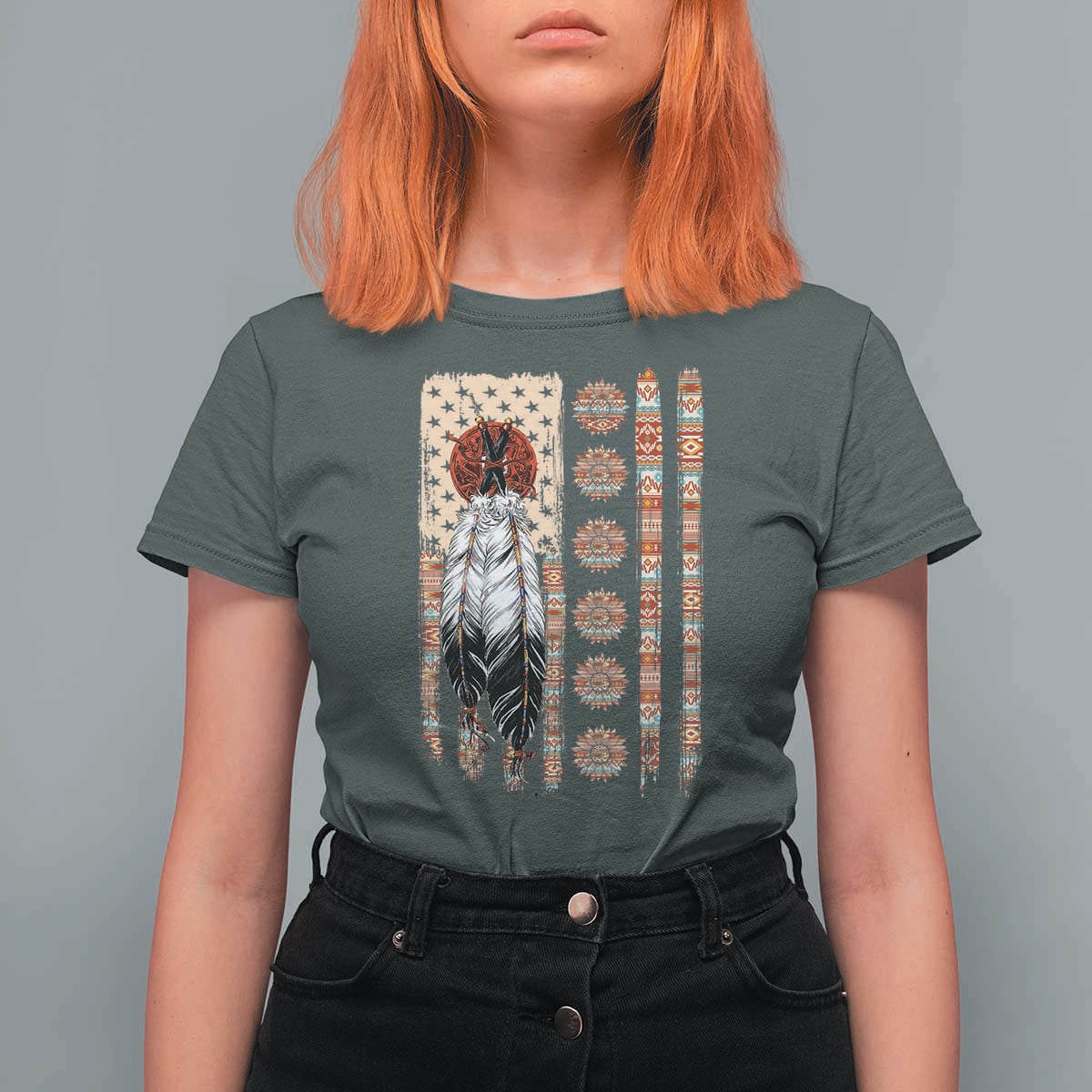 Proud Native American Flag T Shirt For Women Tribal Sunflower Indigenous Peoples Day Gift