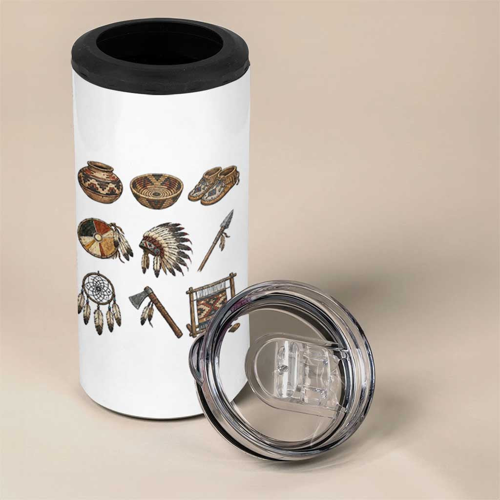 Indigenous Cultural Artifacts 4 in 1 Can Cooler Tumbler Native American Heritage Graphic