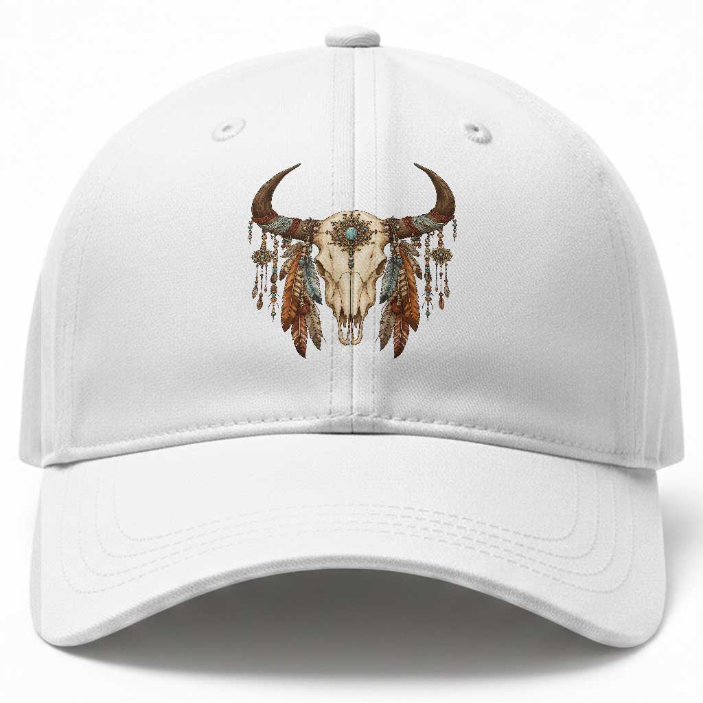 Vintage Southwestern Cow Skull Baseball Cap Boho Feather Western Graphic