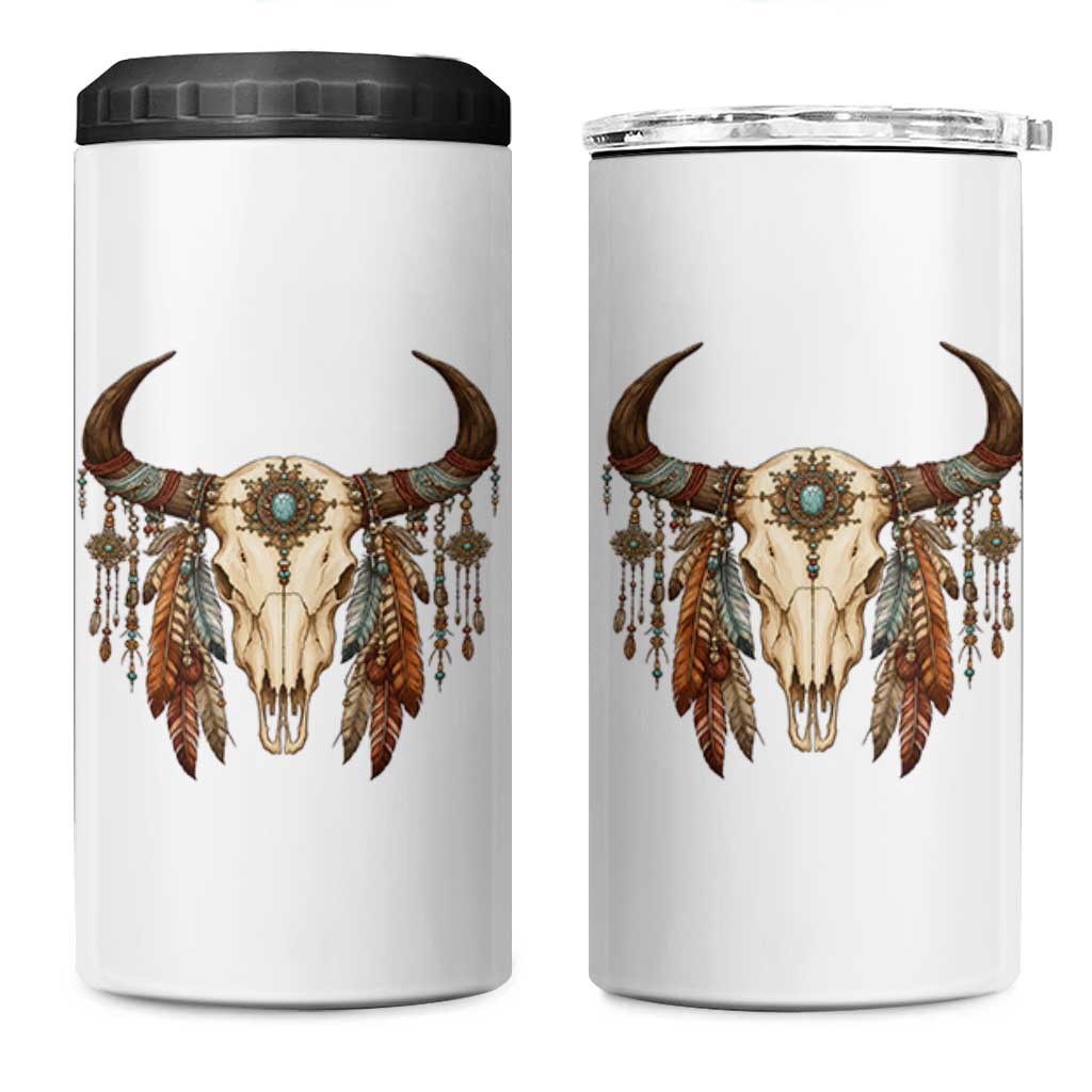 Vintage Southwestern Cow Skull 4 in 1 Can Cooler Tumbler Boho Feather Western Graphic