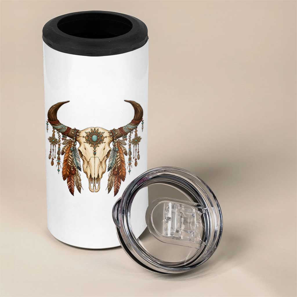Vintage Southwestern Cow Skull 4 in 1 Can Cooler Tumbler Boho Feather Western Graphic