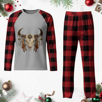 Vintage Southwestern Cow Skull Plaid Pajama Set Boho Feather Western Graphic
