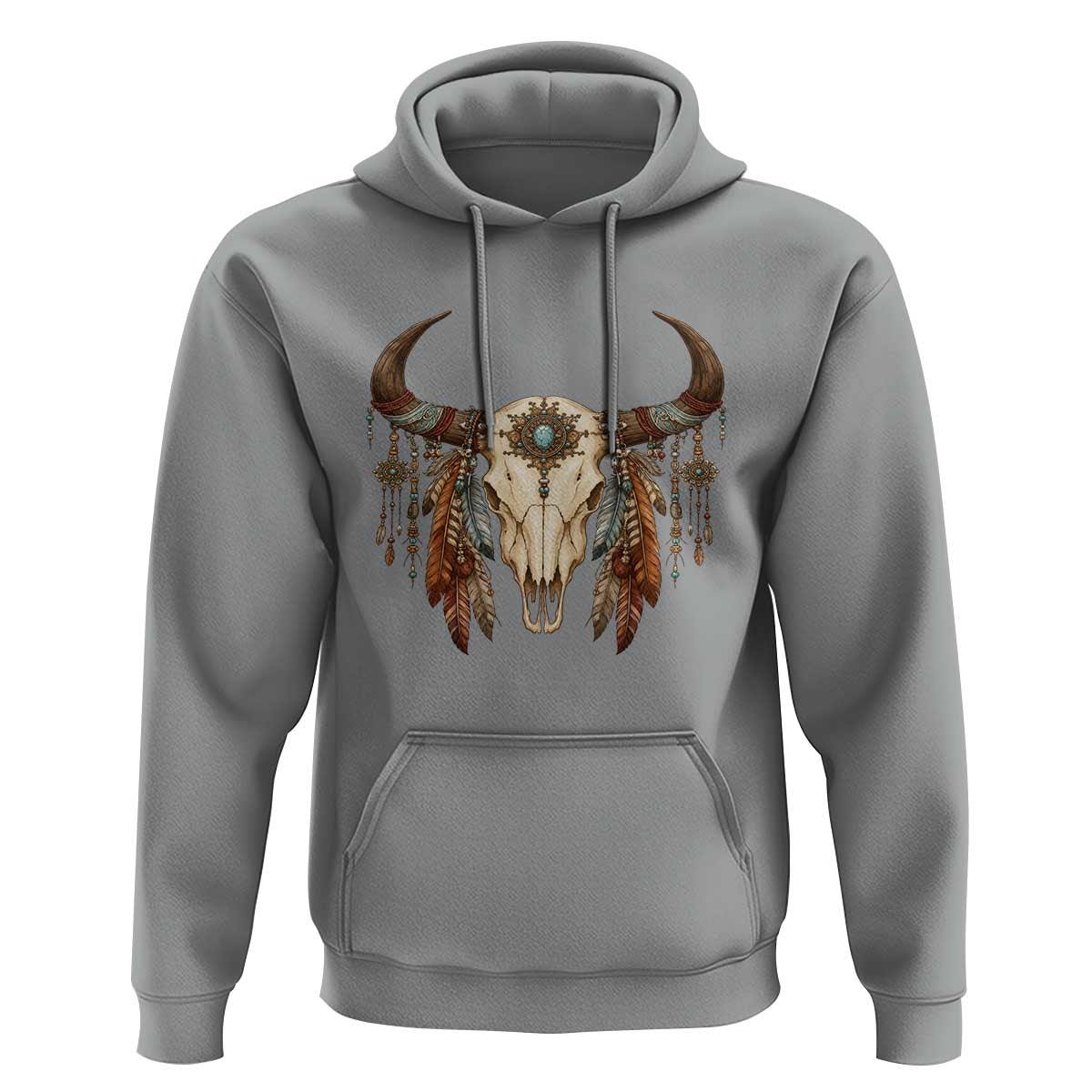 Vintage Southwestern Cow Skull Hoodie Boho Feather Western Graphic