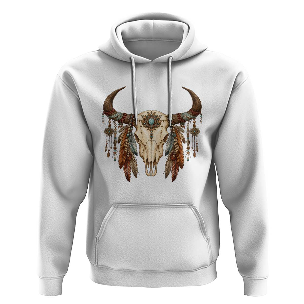 Vintage Southwestern Cow Skull Hoodie Boho Feather Western Graphic