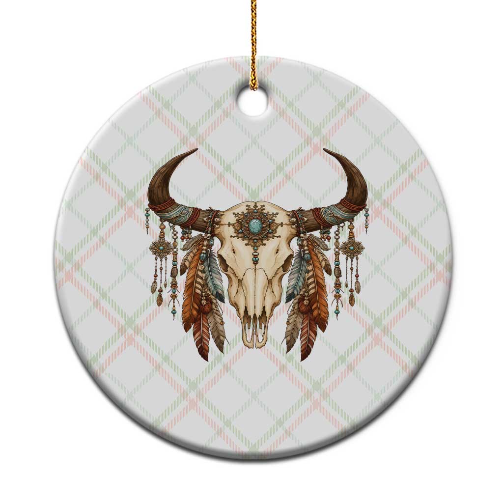 Vintage Southwestern Cow Skull Ceramic Ornament Boho Feather Western Graphic