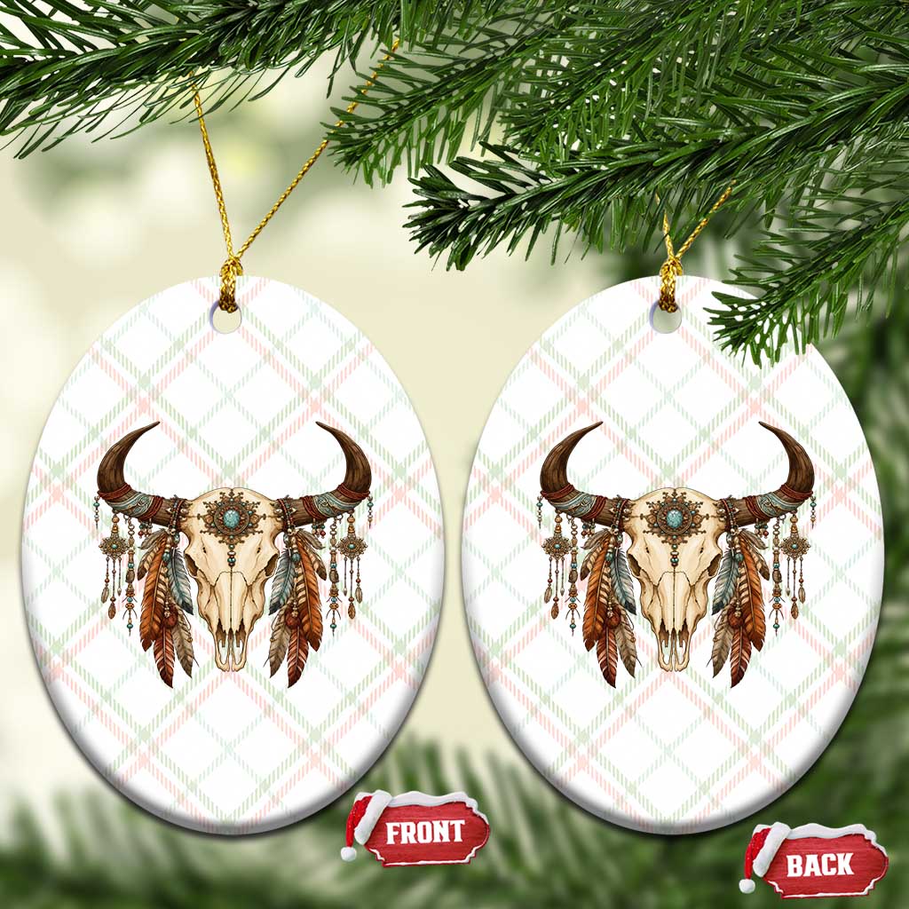 Vintage Southwestern Cow Skull Ceramic Ornament Boho Feather Western Graphic