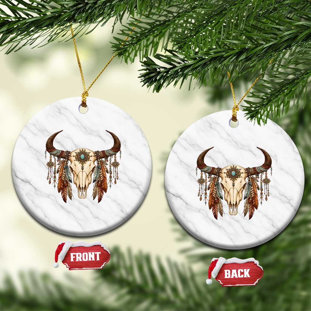 Vintage Southwestern Cow Skull Ceramic Ornament Boho Feather Western Graphic