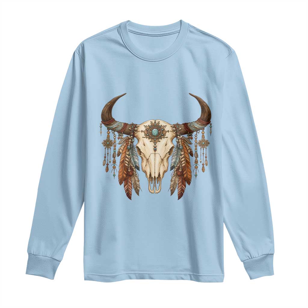 Vintage Southwestern Cow Skull Long Sleeve Shirt Boho Feather Western Graphic