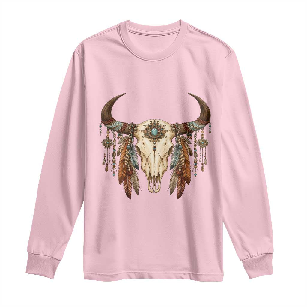 Vintage Southwestern Cow Skull Long Sleeve Shirt Boho Feather Western Graphic