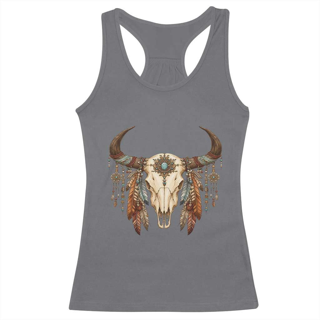 Vintage Southwestern Cow Skull Racerback Tank Top Boho Feather Western Graphic