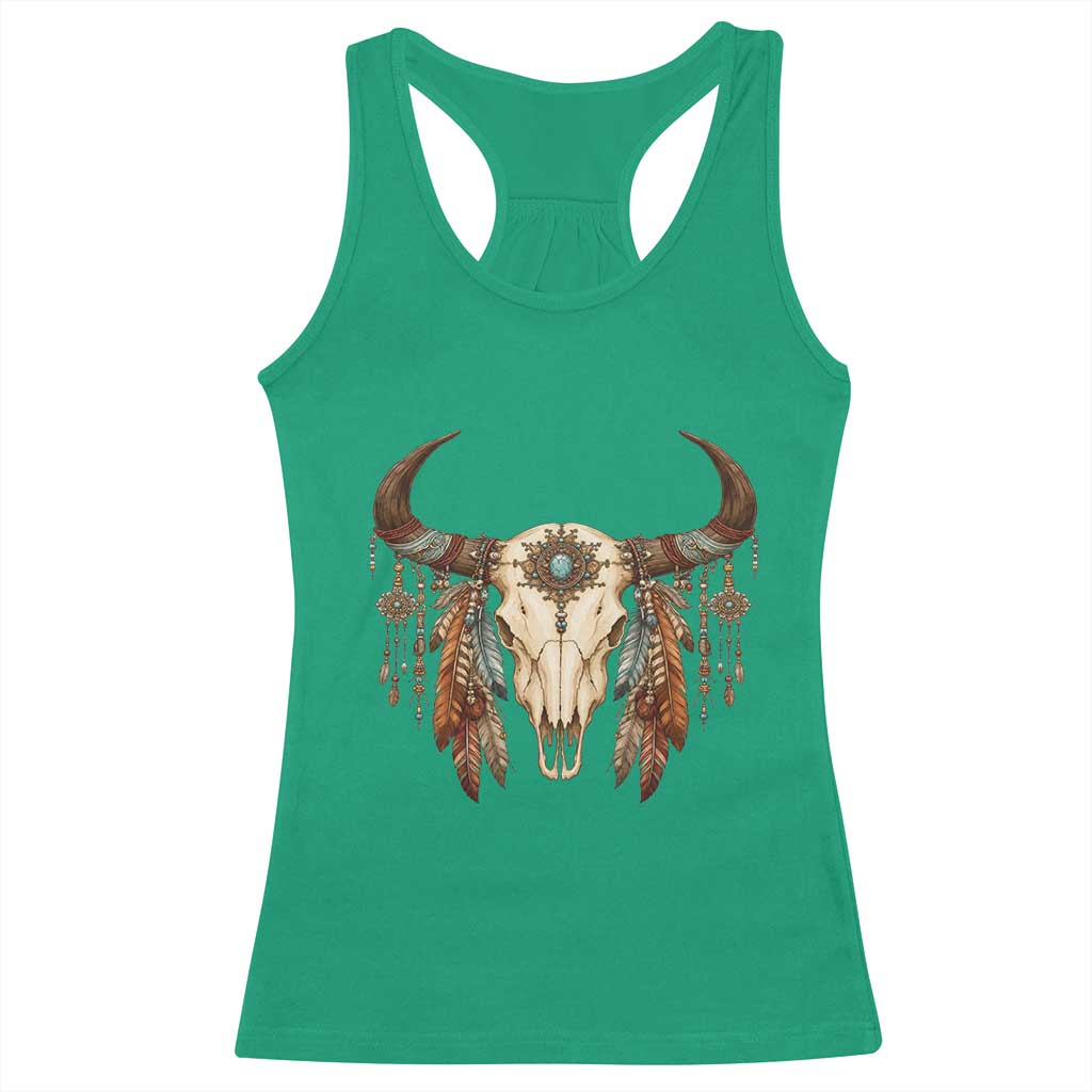 Vintage Southwestern Cow Skull Racerback Tank Top Boho Feather Western Graphic