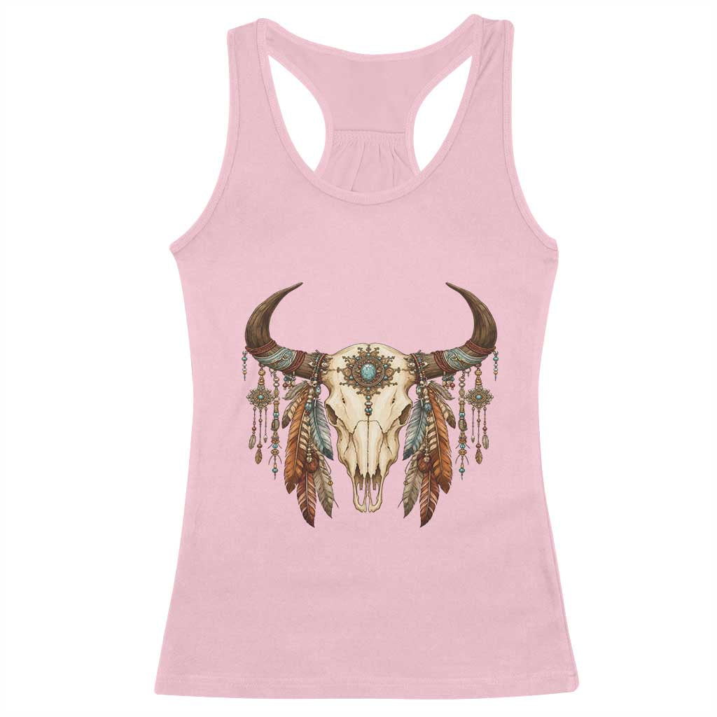 Vintage Southwestern Cow Skull Racerback Tank Top Boho Feather Western Graphic