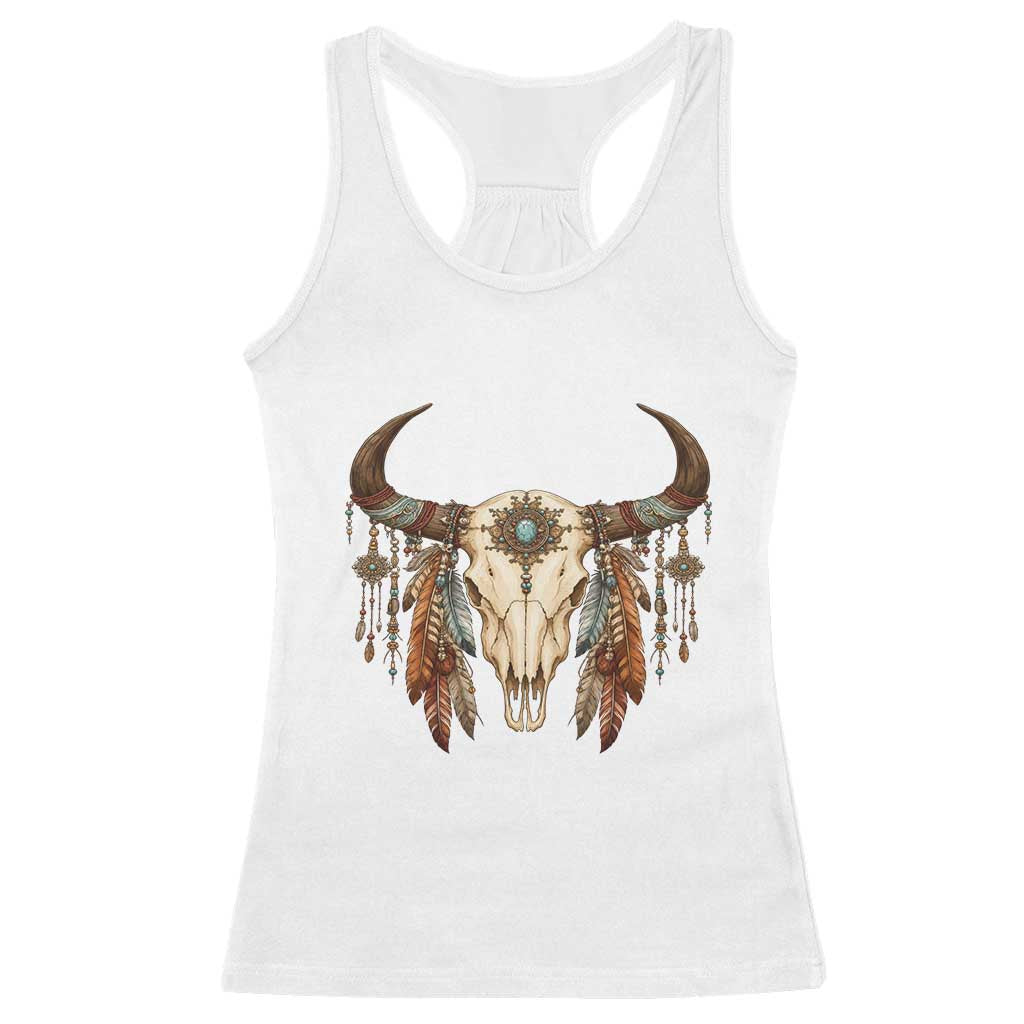 Vintage Southwestern Cow Skull Racerback Tank Top Boho Feather Western Graphic