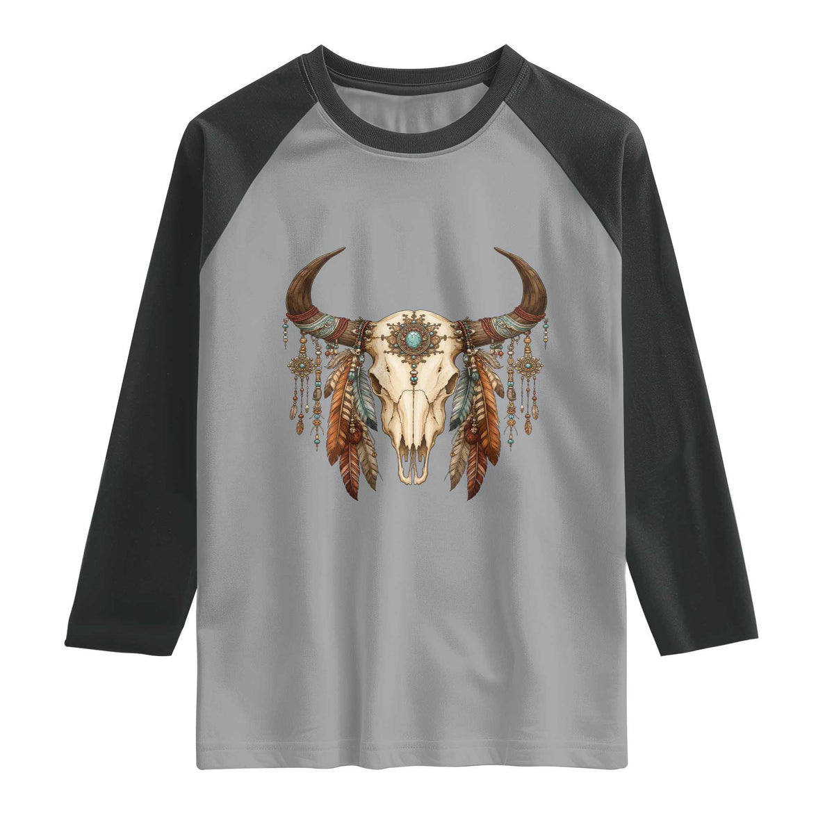 Vintage Southwestern Cow Skull Raglan Shirt Boho Feather Western Graphic