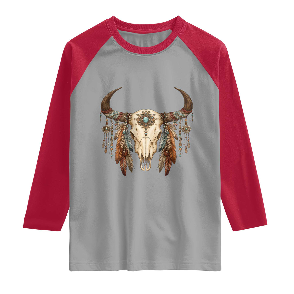 Vintage Southwestern Cow Skull Raglan Shirt Boho Feather Western Graphic