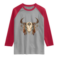 Vintage Southwestern Cow Skull Raglan Shirt Boho Feather Western Graphic