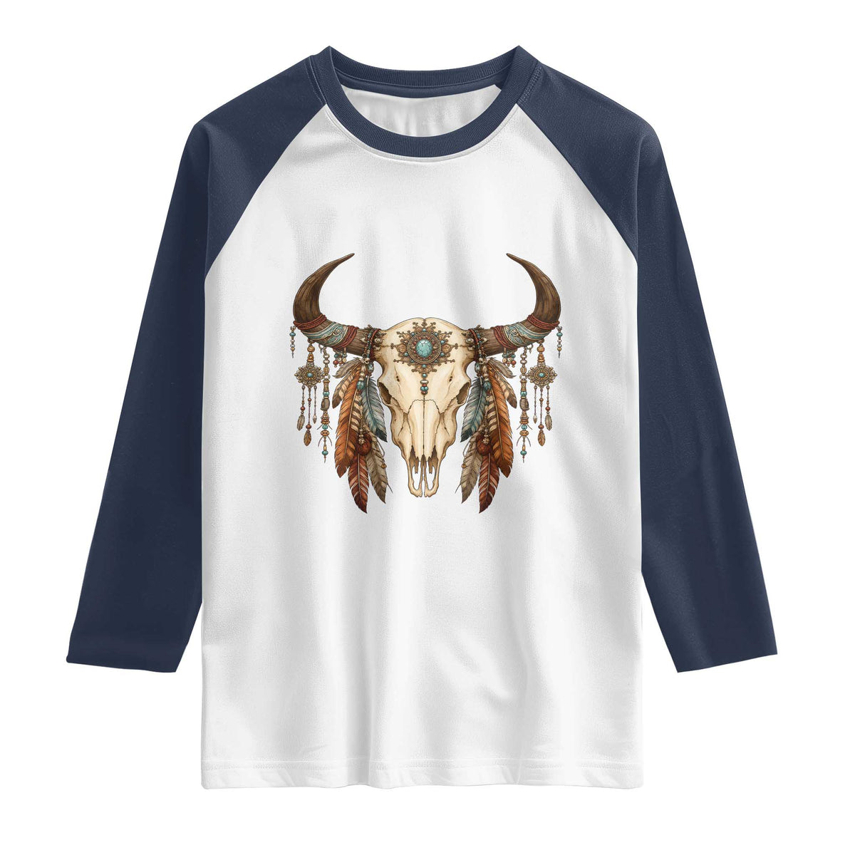 Vintage Southwestern Cow Skull Raglan Shirt Boho Feather Western Graphic