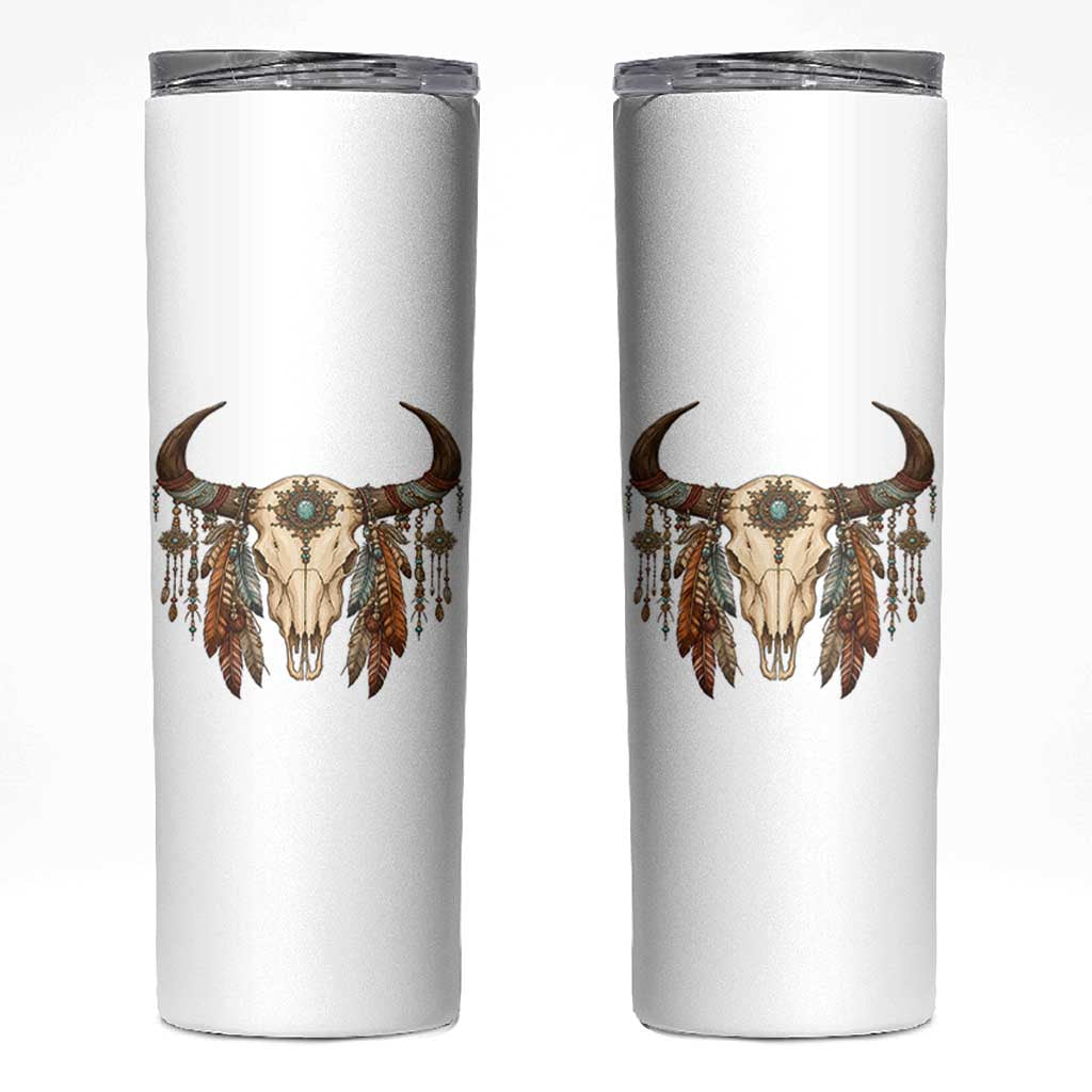 Vintage Southwestern Cow Skull Skinny Tumbler Boho Feather Western Graphic