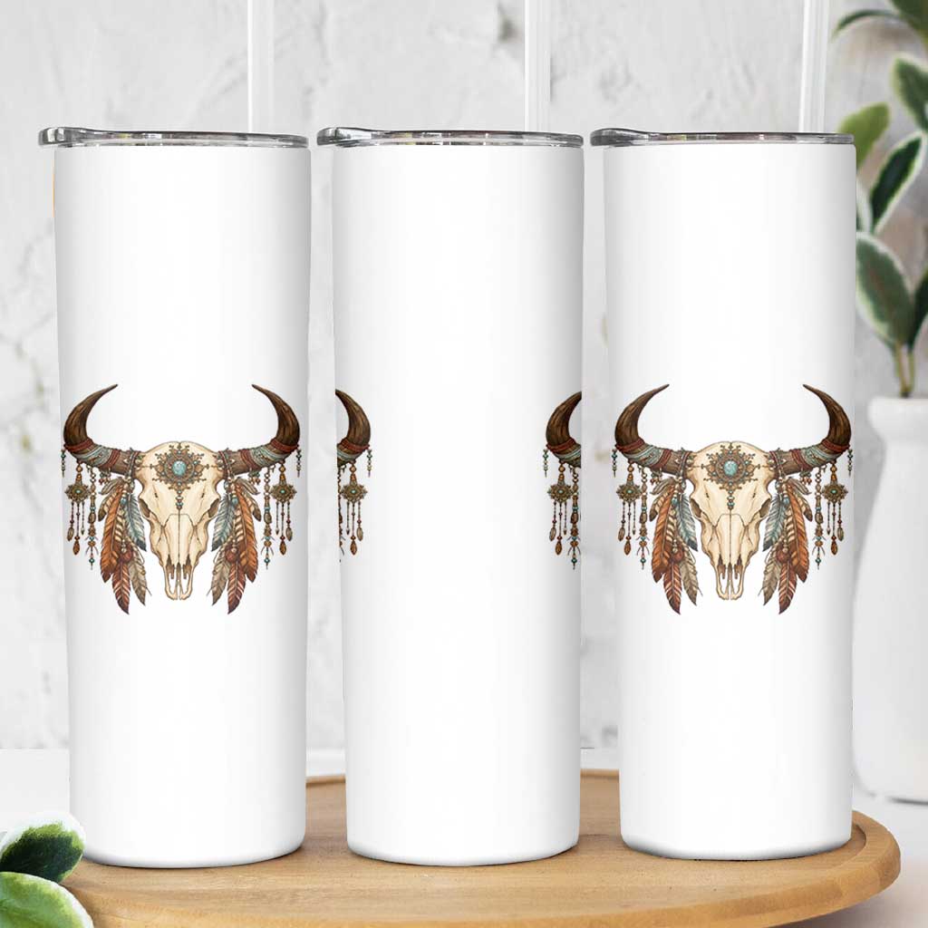 Vintage Southwestern Cow Skull Skinny Tumbler Boho Feather Western Graphic