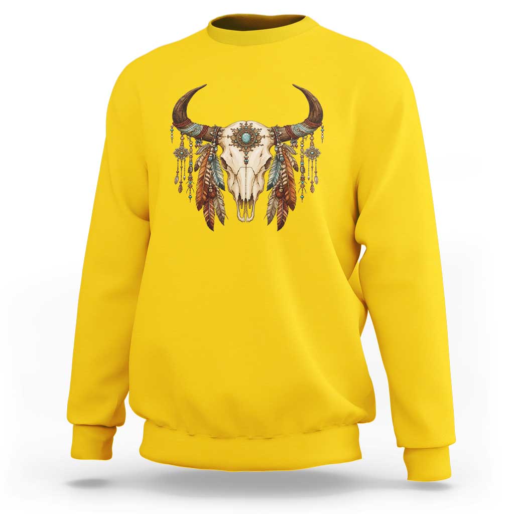 Vintage Southwestern Cow Skull Sweatshirt Boho Feather Western Graphic