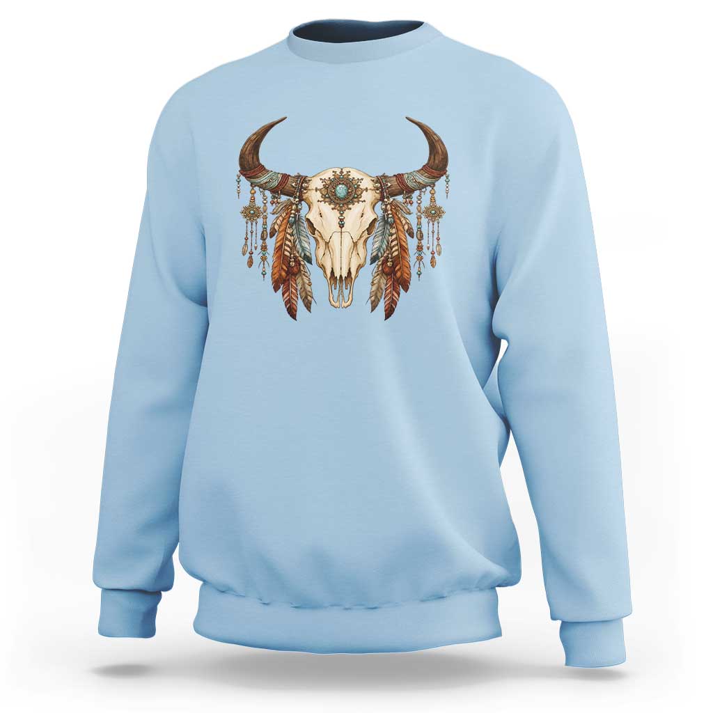 Vintage Southwestern Cow Skull Sweatshirt Boho Feather Western Graphic