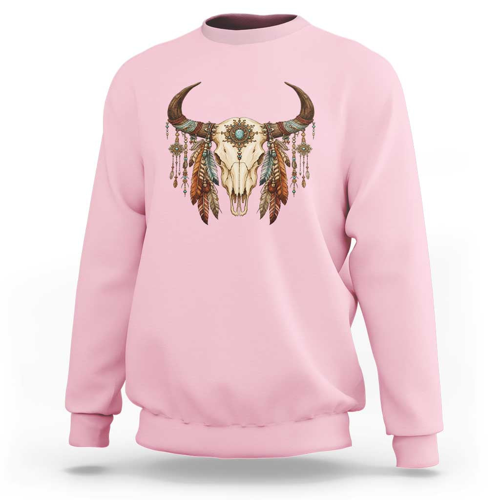 Vintage Southwestern Cow Skull Sweatshirt Boho Feather Western Graphic