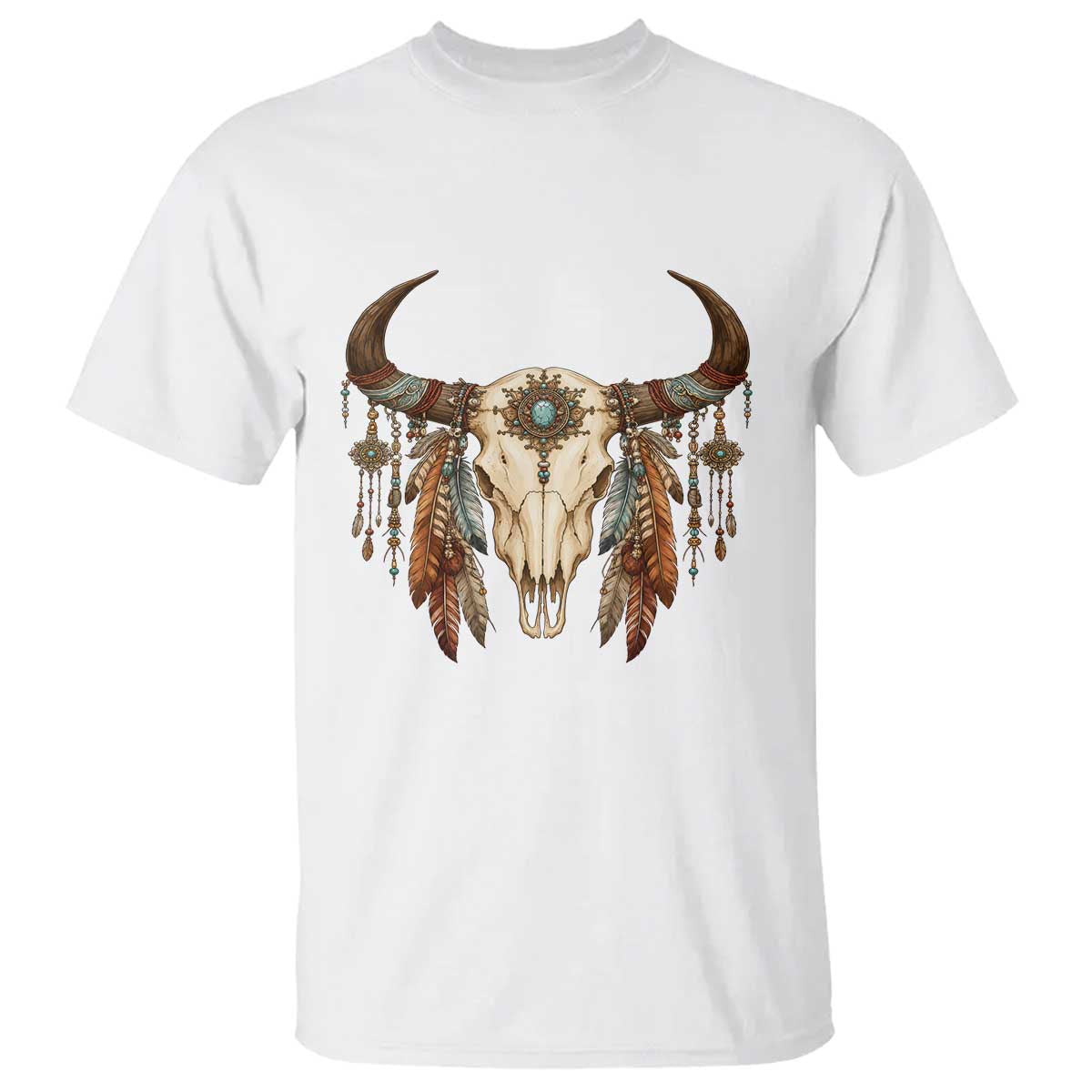 Vintage Southwestern Cow Skull T Shirt Boho Feather Western Graphic